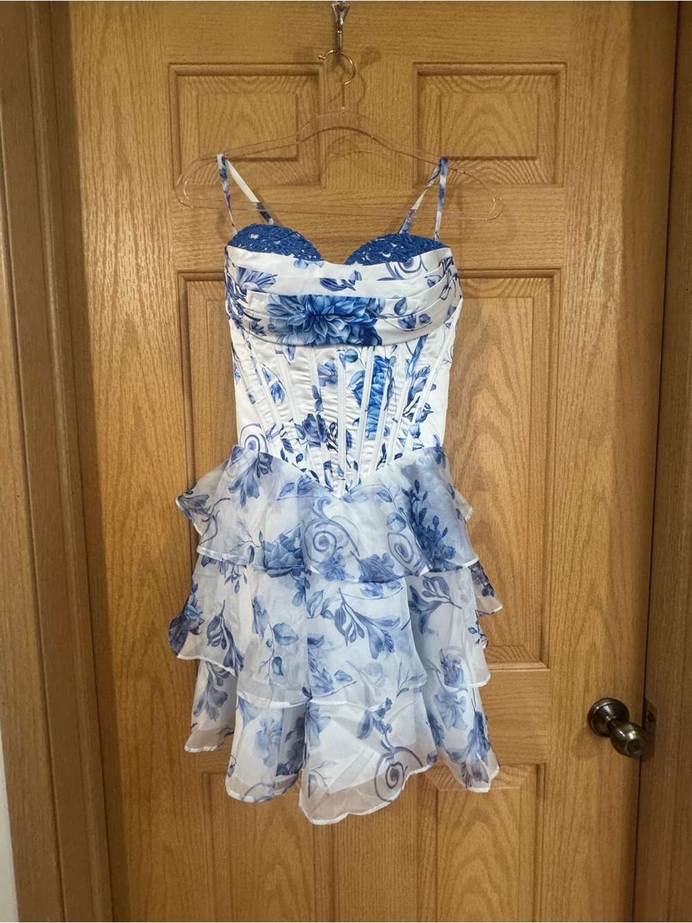 NWT Blue Floral Corset Tiered Mini Dress Blue & White Sweetheart Bustier